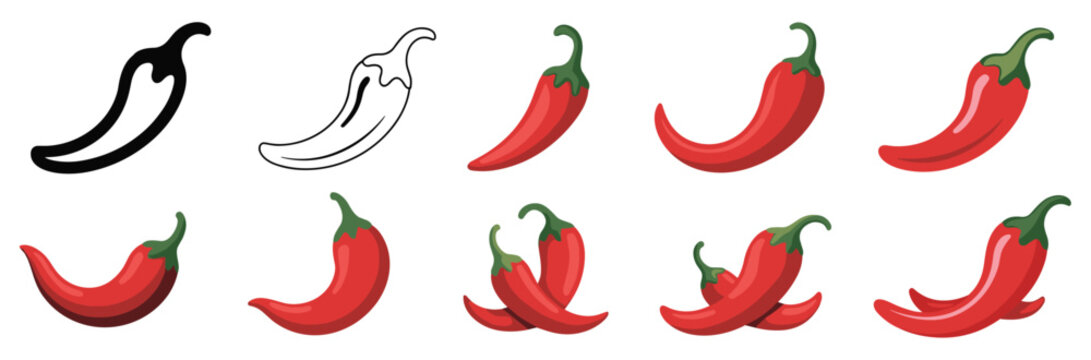 Set of red chili pepper including solid black silhouettes linear outlines and flat colored of single and crossed spicy vegetables on a white background