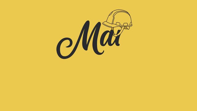 May Day text isolated in yellow background. Happy Labor Day celebration animated with helmet icon