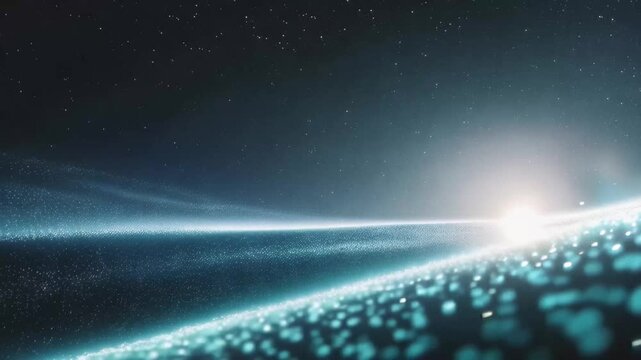 Bright light appears on the horizon in a dark space with stars and waves creating a beautiful view at night