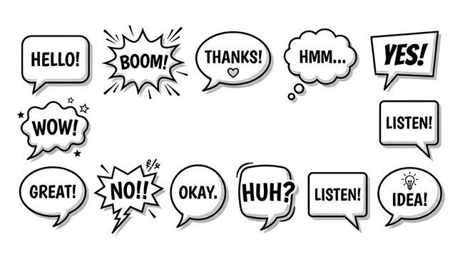 A black and white illustration of various speech bubbles with different expressions and reactions.