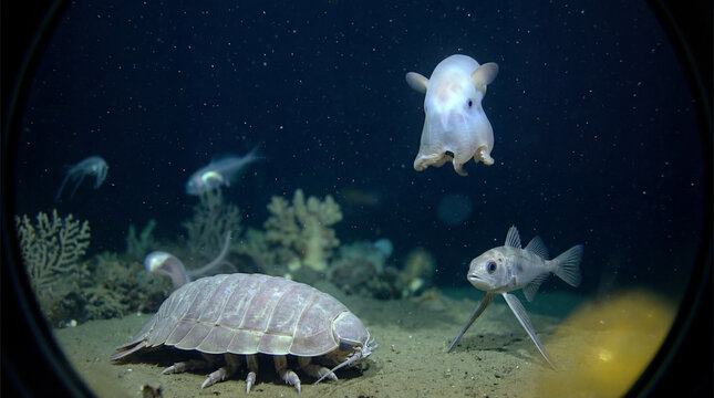 Unusual deep sea creatures encountered in the dark depths of the ocean including a giant isopod and a transparent jellyfish-like organism