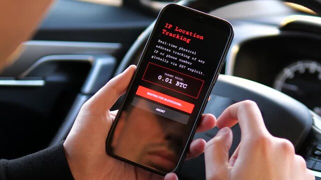 Cinematic POV of a person using a dark web marketplace on a smartphone inside a car. Malicious hacking services menu with bitcoin prices. Ideal for drama films, cybercrime documentaries, and online