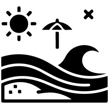 Minimalist beach scene with sun, umbrella, waves and sand, flat design vector illustration