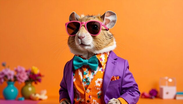 Stylish hamster dressed in colorful suit and sunglasses