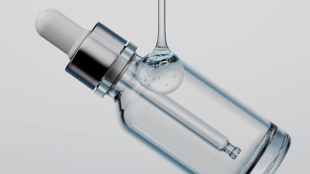 Transparent liquid stream pouring onto a glass dropper bottle surface in slow motion. Clean minimal beauty composition highlighting purity, freshness and premium skincare aesthetics.