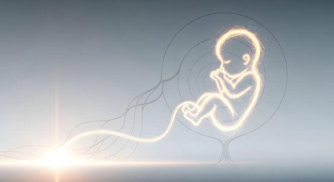 Glowing neon fetus in womb with umbilical cord and sun light transparent background