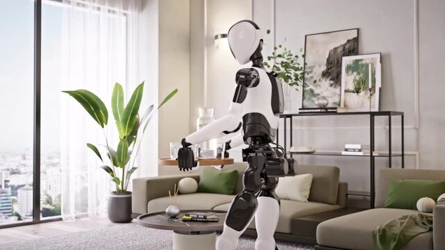 AI-powered Humanoid Robot walks with a tray of dirty dishes across a modern living room, cleans apartment or house. Smart home automation, futuristic housekeeping technology. 3d animation rendering