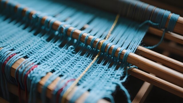 Traditional weaving on a wooden handloom with blue yarn.