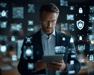 Obraz premium Businessman Using Tablet with Futuristic Digital Interface and Data Visualization in Modern Office