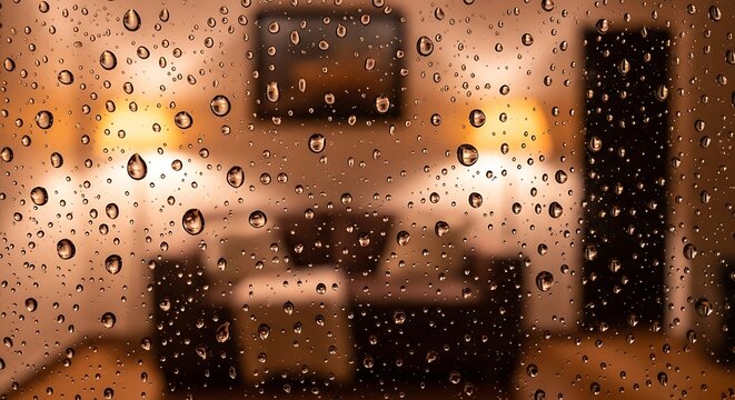 Cozy living room seen through a window covered in rain drops