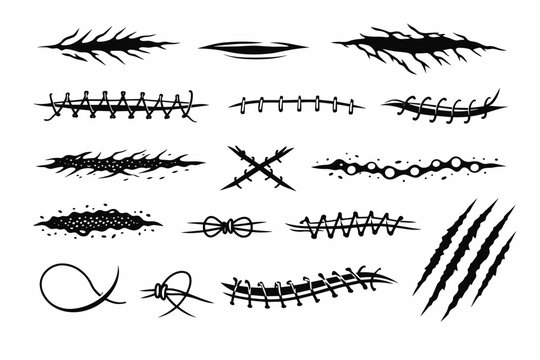 Set of Stylized Monochrome Linear Vector Elements Depicting Various Skin Lacerations, Surgical Stitches, Sutures, Scars, and Claw Marks for Medical Illustration, Horror Design, or Halloween Makeup