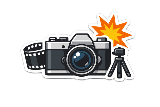 Classic analog SLR camera sticker with film strip, tripod, and flash burst icon. Vintage photography equipment vector illustration for hobbyists, creative design, and retro aesthetic projects.