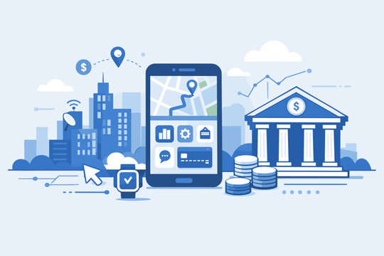 Flat vector illustration of digital banking and mobile technology featuring a smartphone with navigation and finance apps, a bank building, coins, a smartwatch, and a modern city skyline.