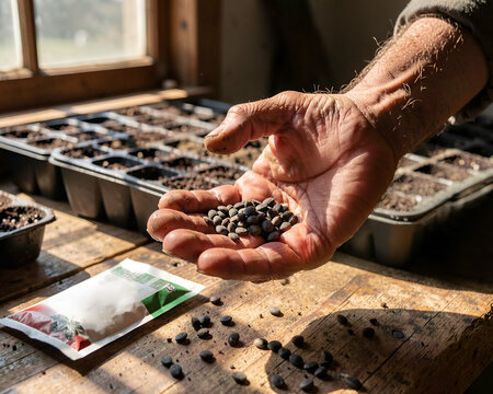 Hand holding seeds above soil containers in sunny indoor garden