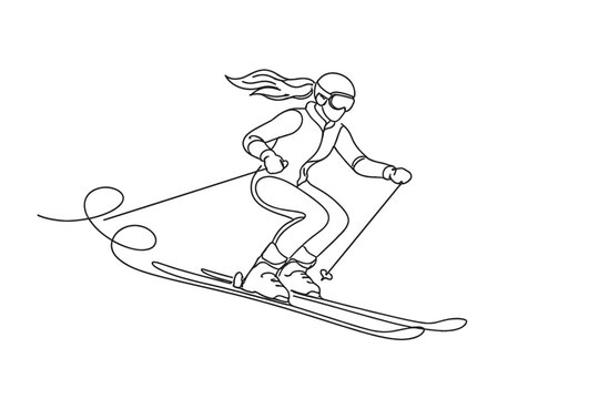 Continuous Line Drawing of a Female Skier Downhill Skiing, Minimalist Line Art Vector Illustration of a Professional Athlete in Action on a Snowy Mountain Slope, Winter Sports Concept Design.