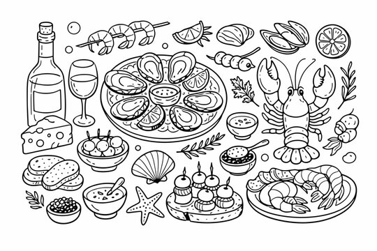 Hand-Drawn Seafood and Wine Aperitif Doodle Set: Line Art Vector Illustration with Lobster, Oysters, Shrimp, Mussels, Wine Bottle, Cheese, and Gourmet Appetizers for Restaurant Menu and Branding.