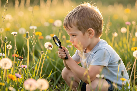 Young boy exploring flowers with magnifying glass in sunny meadow
