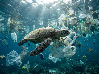 Fototapeta premium Sea turtle swimming through a sea of plastic waste and underwater pollution, environmental conservation concept
