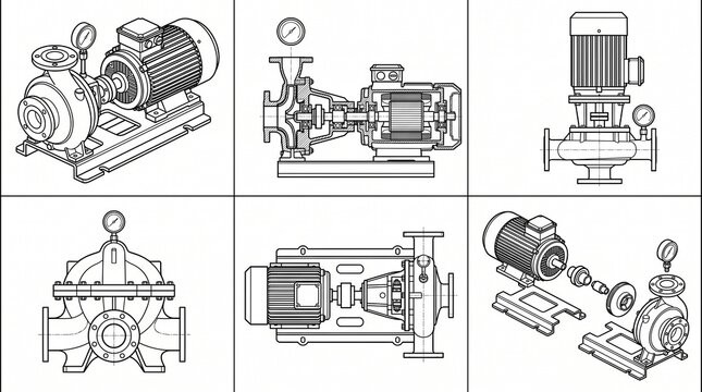 Centrifugal pump assembly diagrams, multiple views, cross‑section, exploded parts, engineering illustration, mechanical design reference.