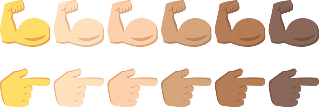 Hand gestures and arm poses icon set in diverse skin tones. Pointing fingers and flexed biceps symbols for communication, strength, direction concept. Flat vector collection isolated on light b