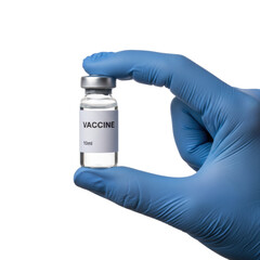 Naklejka premium Adult hand in textured blue nitrile glove holding a small glass vial with liquid and vaccine label against a transparent background clinical safety concept
