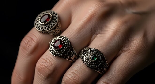 A hand adorned with three intricately designed rings featuring colorful gemstones on a dark background