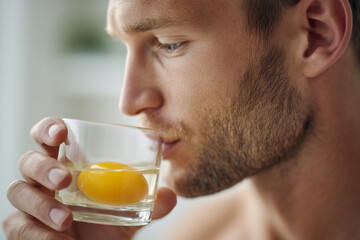 Fototapeta premium Close up of a fit man drinking raw egg yolk from glass, concept of protein diet and extreme fitness