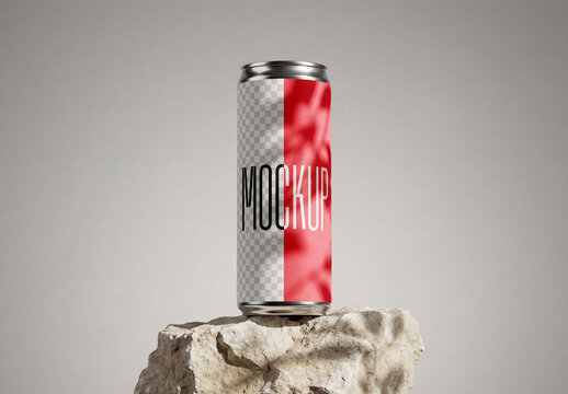 Aluminum Beverage Soda Can Mockup on Stone Podium with Realistic Shadows