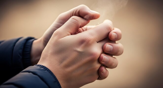 Close-up of hands rubbing together to generate warmth in the cold