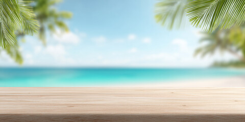 Wooden table on tropical beach background with palm leaves and blurred sea, summer product display  © GraysonStock