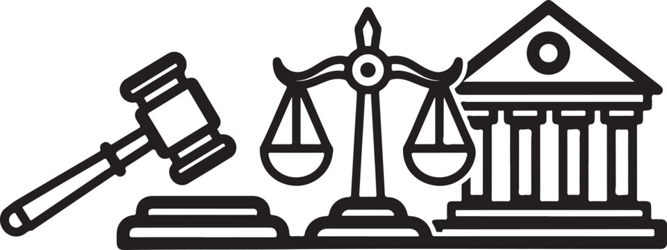 law, justice, scales, gavel, courtroom, legal, icon set, line art, black