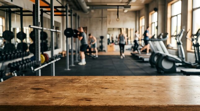 Empty rustic wooden table in a gym setting