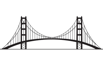 Fototapeta premium Suspension bridge silhouette vector icon, black minimalist architectural bridge illustration, modern engineering structure graphic for travel and logistics