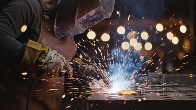 Industrial welder in protective gear working with metal sparks