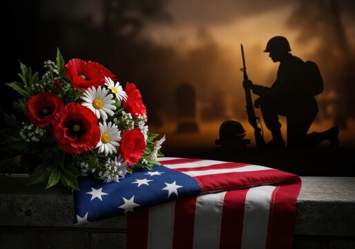 Soldier standing guard at a flag-draped casket with flowers