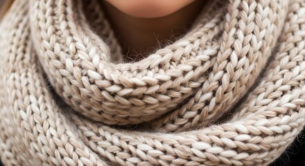 Obraz premium Close-up of a chunky knit infinity scarf in neutral beige and cream tones