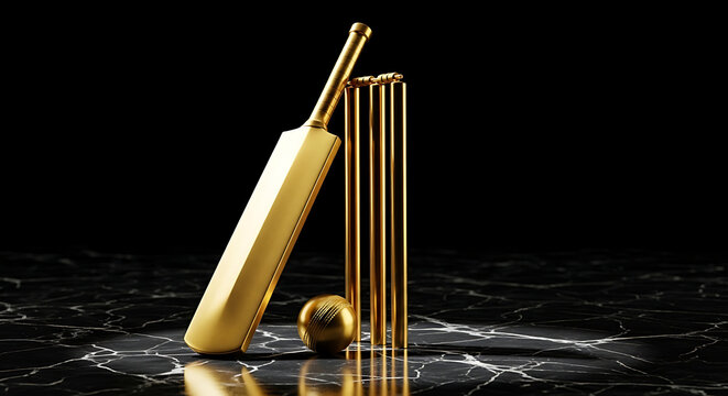Golden cricket bat and ball with wickets on black marble