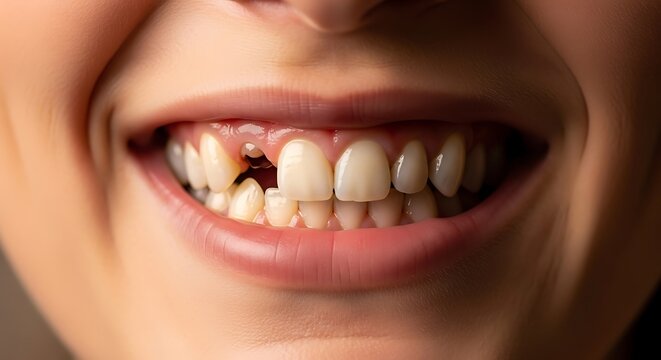 Close-up of a person's mouth showing a missing front tooth and uneven teeth