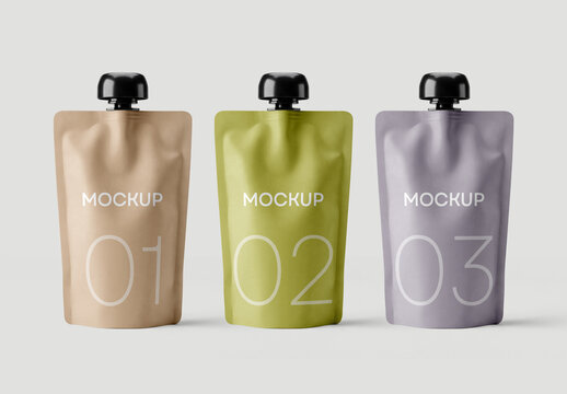 Trio Doypack Spout Pouch Packaging Mockup Collection with Editable Background and and Realistic Plastic Texture