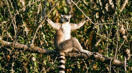 Fototapeta premium Ring-tailed lemur basking in the sun on a tree branch, wildlife photography.