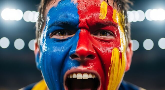Passionate sports fan with face paint screams in excitement during a night game