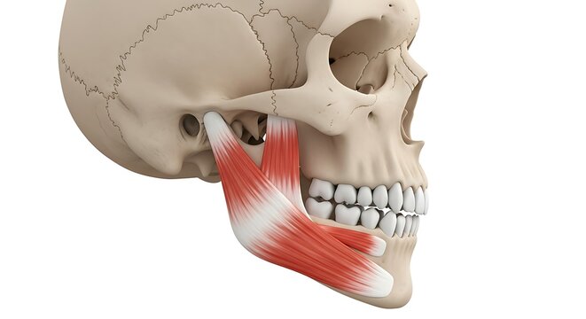 Detailed anatomical illustration of the human temporomandibular joint and masticatory muscles showing jaw bone articulation and muscle structure