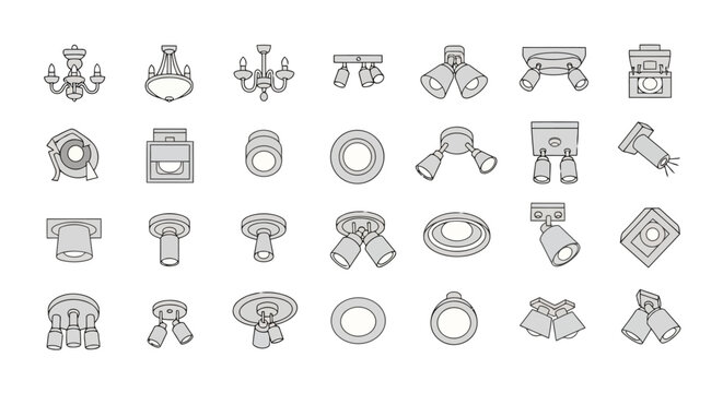 Modern outline lighting fixtures icons chandeliers spotlights ceiling lights EPS10