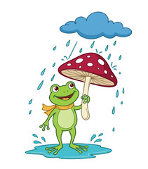Obraz premium Cartoon style funny frog holding up mushroom umbrella