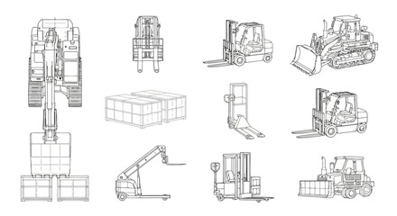 Naklejka premium Heavy industrial machinery line art forklifts excavators material handling vehicles EPS10