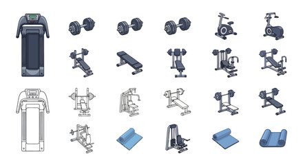 Fototapeta premium Gym and Fitness Equipment Cartoon Line Art Icons Set