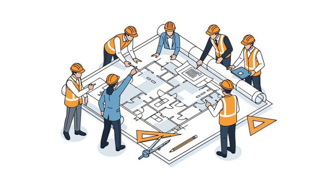Isometric illustration of architects and engineers planning a building blueprint EPS10