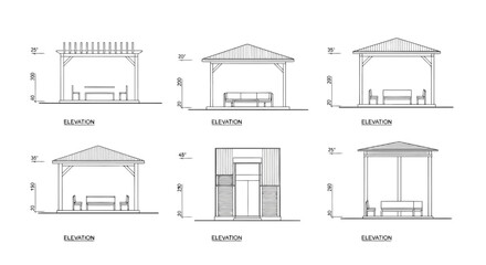 Naklejka premium Architectural Elevation Drawings of Outdoor Pergolas Gazebos and Garden Structures