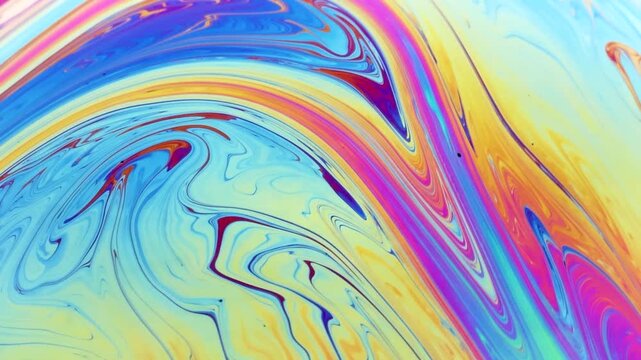 Colorful soap bubble floating gracefully, showcasing its stunning, ever-changing hues in this mesmerizing close-up video. A delicate dance of light and color captured in every shimmering curve.