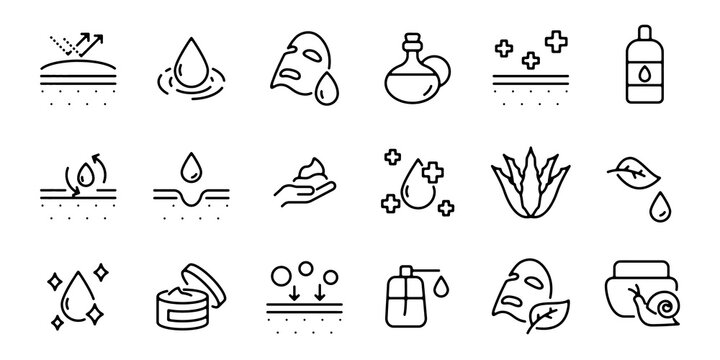 set of skin icons, such as aloevera, oil, nature, sun protect, dry, lotion. Thin line vector for web, app and network design. Vector illustration.